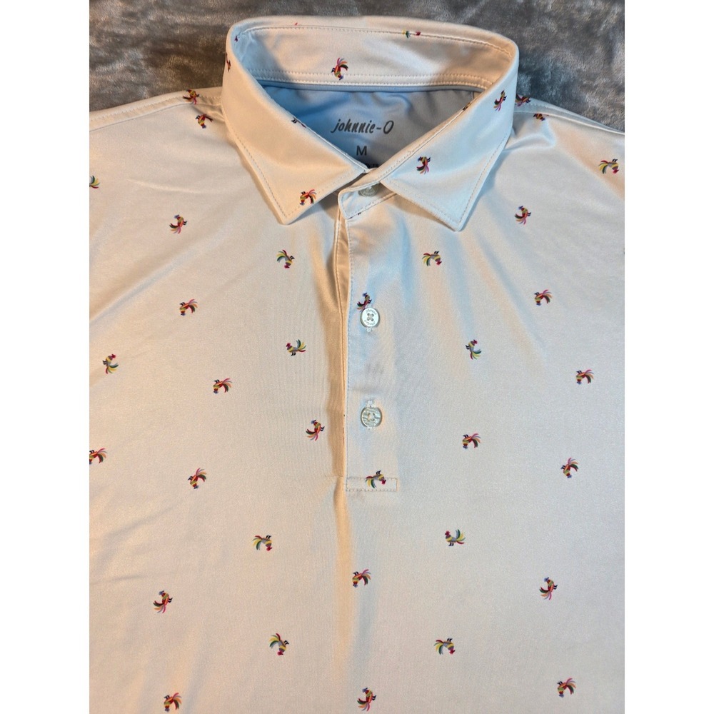 johnnie-O Polo Shirt Mens Medium‎ White Rooster Print Performance Short Sleeve